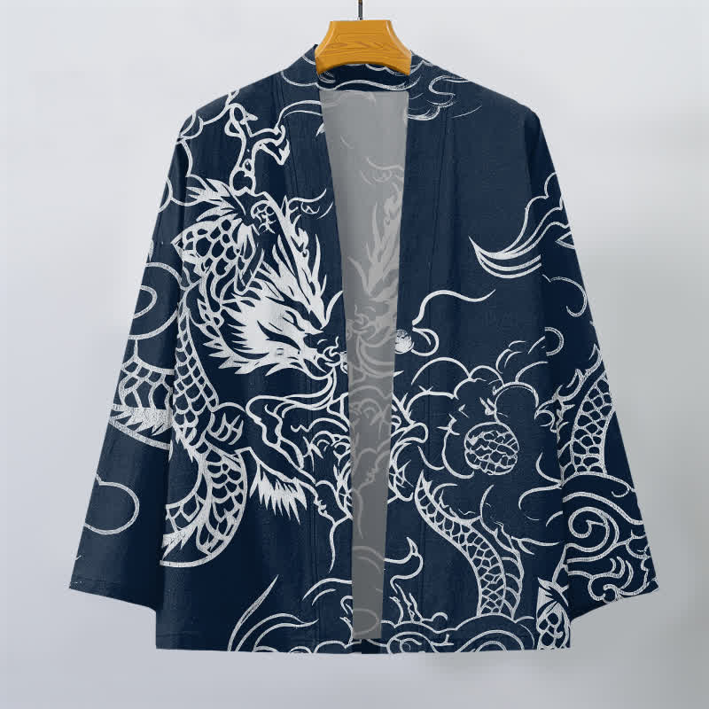 Buddha Stones Kimono aus Baumwolle mit traditionellem Drachen- und Wolkenmuster, offener Vorderseite, für Herren - image 1