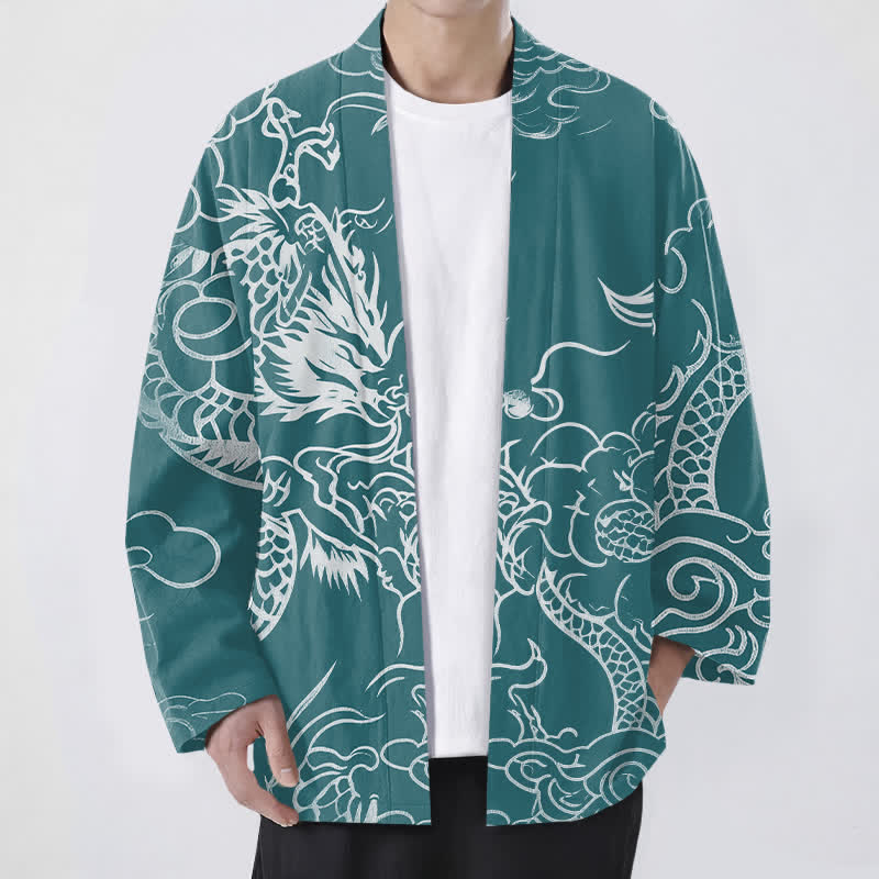 Buddha Stones Kimono aus Baumwolle mit traditionellem Drachen- und Wolkenmuster, offener Vorderseite, für Herren - Türkis - US/UK/AU48, EU58 (4XL) - image 6