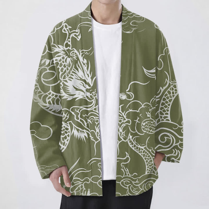 Buddha Stones Kimono aus Baumwolle mit traditionellem Drachen- und Wolkenmuster, offener Vorderseite, für Herren - Olivgrün - US/UK/AU48, EU58 (4XL) - image 9