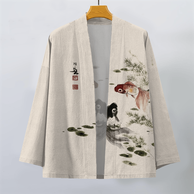 Buddha Stones Kimono für Herren aus Baumwolle mit rotem und schwarzem Koi-Lotus-Muster und offener Vorderseite - image 1