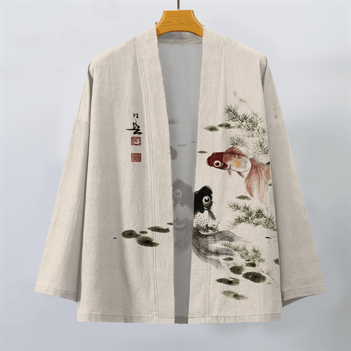 Buddha Stones Kimono für Herren aus Baumwolle mit rotem und schwarzem Koi-Lotus-Muster und offener Vorderseite - image 1