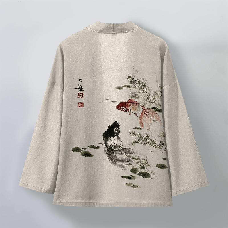 Buddha Stones Kimono für Herren aus Baumwolle mit rotem und schwarzem Koi-Lotus-Muster und offener Vorderseite - image 2