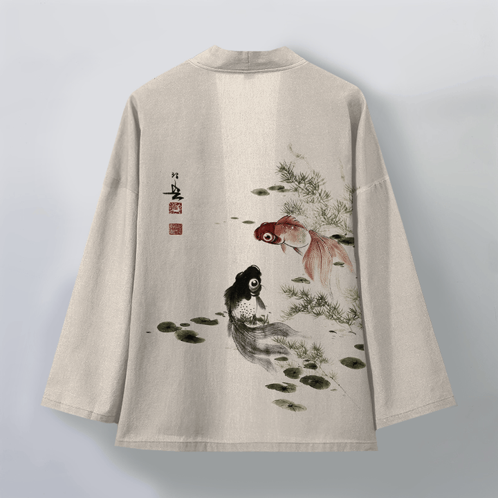 Buddha Stones Kimono für Herren aus Baumwolle mit rotem und schwarzem Koi-Lotus-Muster und offener Vorderseite - image 2