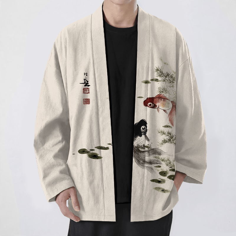 Buddha Stones Kimono für Herren aus Baumwolle mit rotem und schwarzem Koi-Lotus-Muster und offener Vorderseite - Beige - US/UK/AU48, EU58 (4XL) - image 0