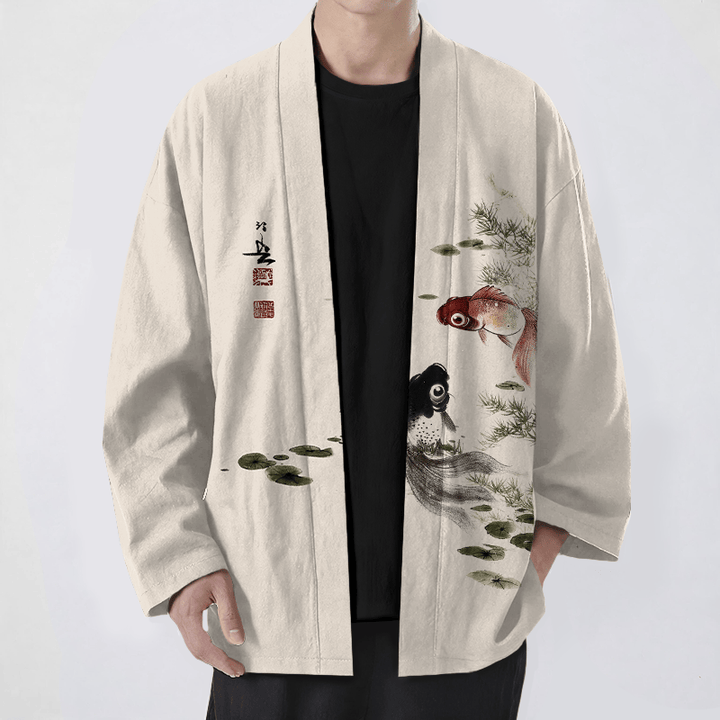 Buddha Stones Kimono für Herren aus Baumwolle mit rotem und schwarzem Koi-Lotus-Muster und offener Vorderseite - Beige - US/UK/AU48, EU58 (4XL) - image 0