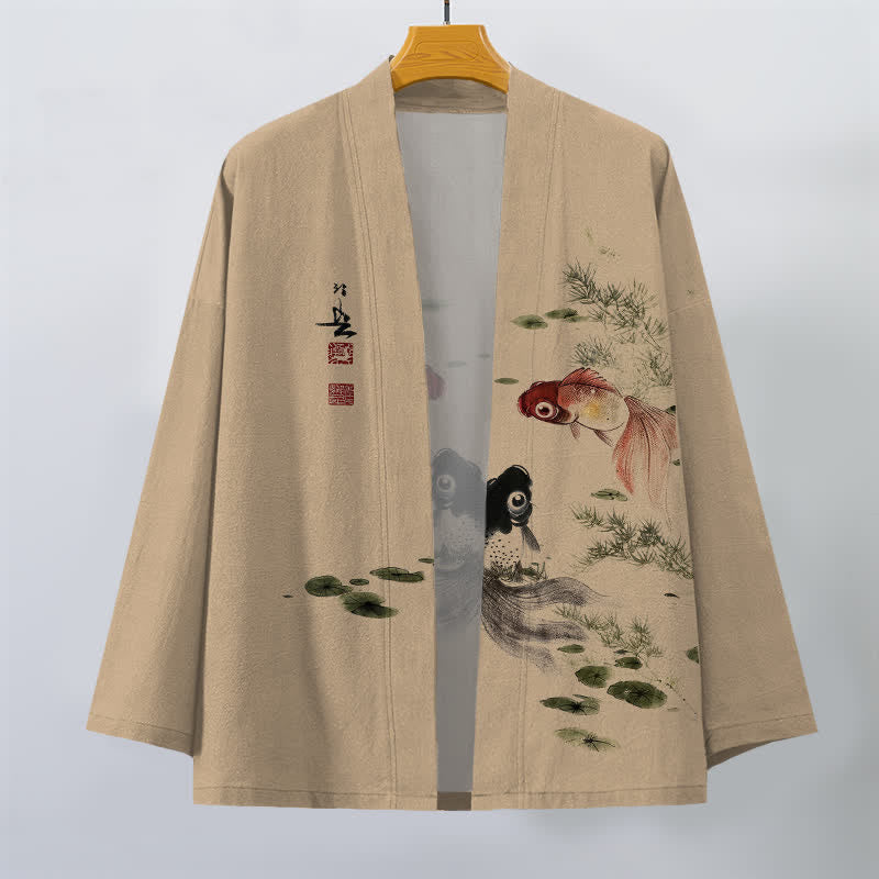 Buddha Stones Kimono für Herren aus Baumwolle mit rotem und schwarzem Koi-Lotus-Muster und offener Vorderseite - image 7