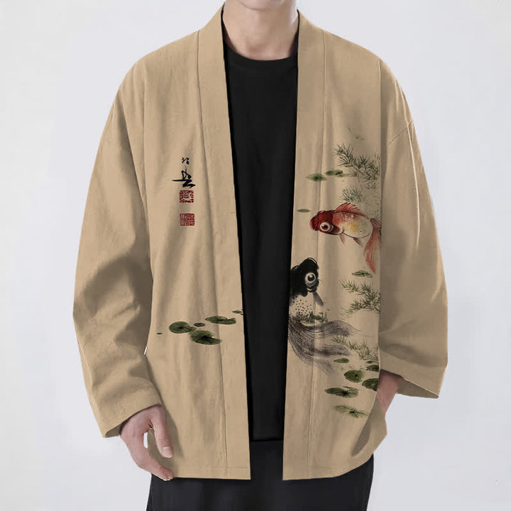 Buddha Stones Kimono für Herren aus Baumwolle mit rotem und schwarzem Koi-Lotus-Muster und offener Vorderseite - Bräunen - US/UK/AU48, EU58 (4XL) - image 6