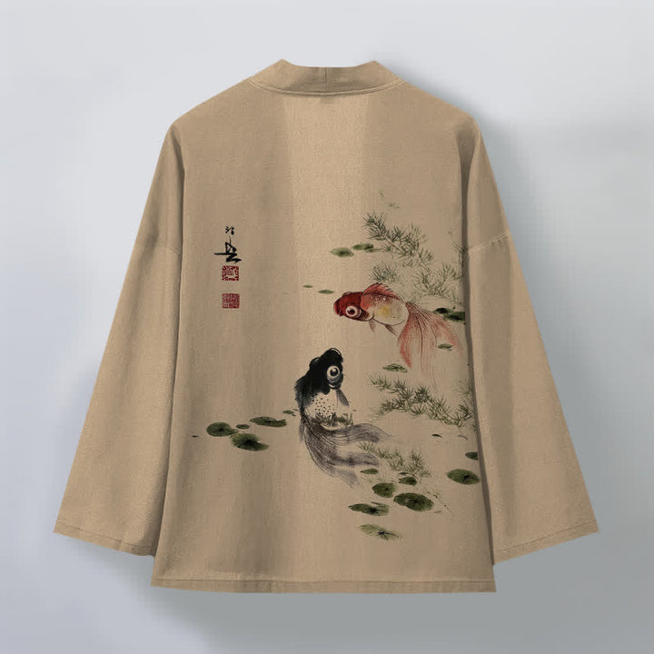 Buddha Stones Kimono für Herren aus Baumwolle mit rotem und schwarzem Koi-Lotus-Muster und offener Vorderseite - image 8