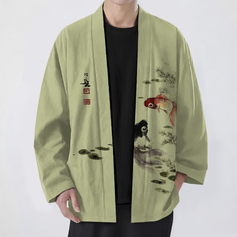 Buddha Stones Kimono für Herren aus Baumwolle mit rotem und schwarzem Koi-Lotus-Muster und offener Vorderseite - Gelbgrün - US/UK/AU48, EU58 (4XL) - image 9