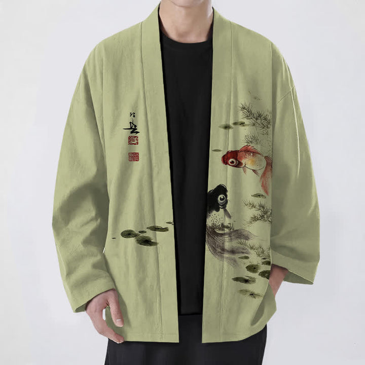 Buddha Stones Kimono für Herren aus Baumwolle mit rotem und schwarzem Koi-Lotus-Muster und offener Vorderseite - Gelbgrün - US/UK/AU48, EU58 (4XL) - image 9