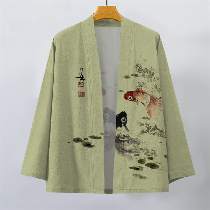 Buddha Stones Kimono für Herren aus Baumwolle mit rotem und schwarzem Koi-Lotus-Muster und offener Vorderseite - image 10