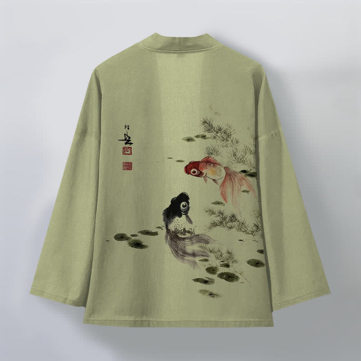Buddha Stones Kimono für Herren aus Baumwolle mit rotem und schwarzem Koi-Lotus-Muster und offener Vorderseite - image 11