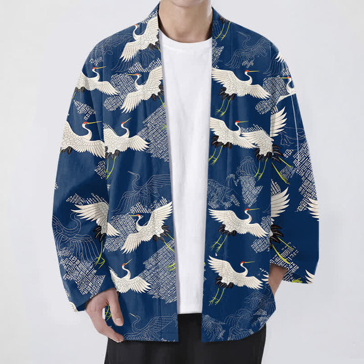 Buddha Stones Weißer Baumwollkimono mit Kranichmuster und offener Vorderseite für Herren - Marine - US/UK/AU48, EU58 (4XL) - image 0