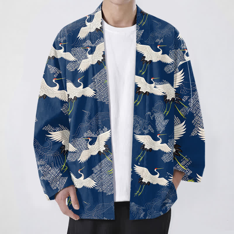 Buddha Stones Weißer Baumwollkimono mit Kranichmuster und offener Vorderseite für Herren - Marine - US/UK/AU48, EU58 (4XL) - image 0