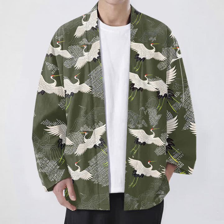 Buddha Stones Weißer Baumwollkimono mit Kranichmuster und offener Vorderseite für Herren - Olivgrün - US/UK/AU48, EU58 (4XL) - image 6