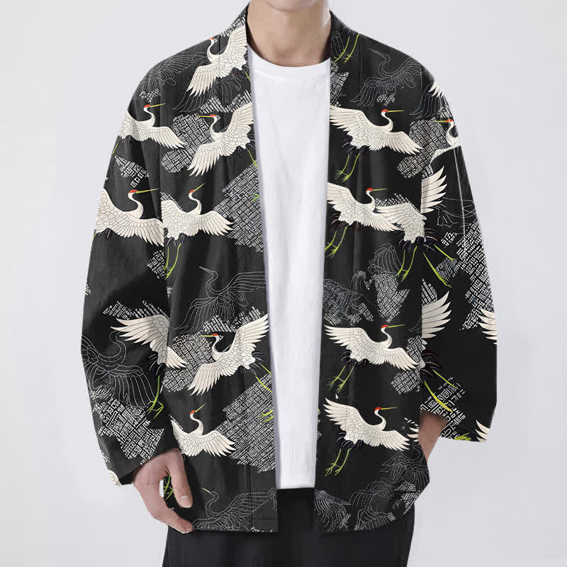 Buddha Stones Weißer Baumwollkimono mit Kranichmuster und offener Vorderseite für Herren - Schwarz - US/UK/AU48, EU58 (4XL) - image 9