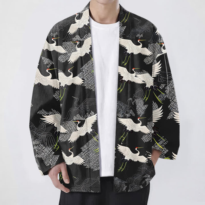 Buddha Stones Weißer Baumwollkimono mit Kranichmuster und offener Vorderseite für Herren - Schwarz - US/UK/AU48, EU58 (4XL) - image 9