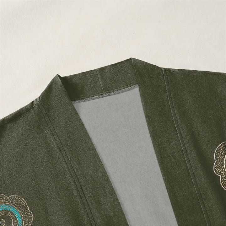 Buddha Stones Kimono aus Baumwolle mit goldenem Kranich- und Wolkenmuster, offener Vorderseite, für Herren - image 3