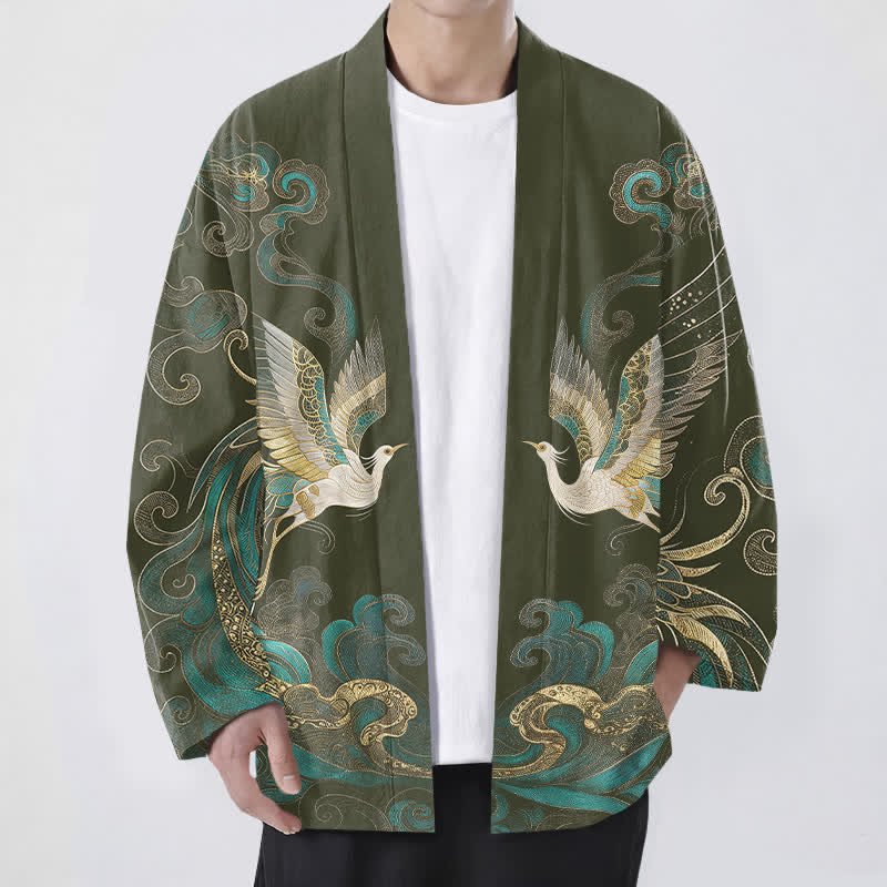 Buddha Stones Kimono aus Baumwolle mit goldenem Kranich- und Wolkenmuster, offener Vorderseite, für Herren - Dunkelolivgrün - US/UK/AU48, EU58 (4XL) - image 0