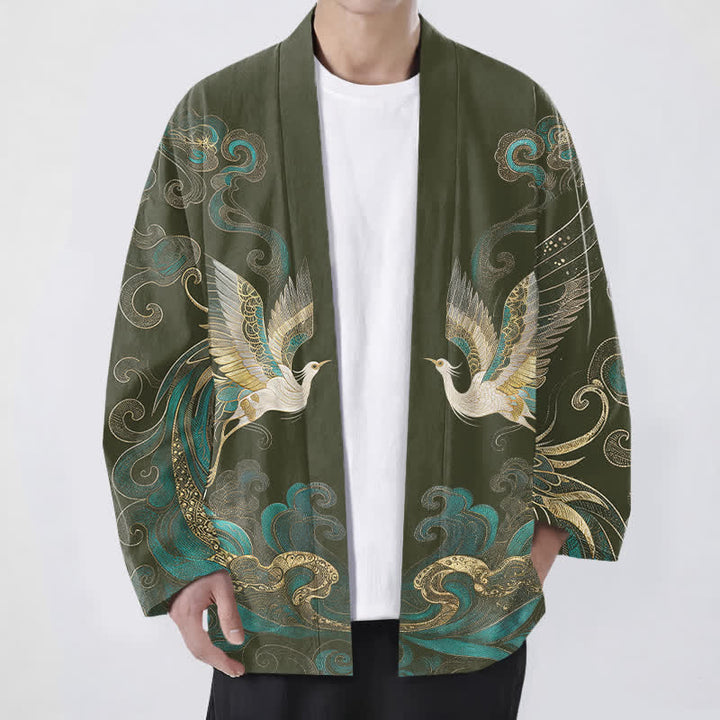 Buddha Stones Kimono aus Baumwolle mit goldenem Kranich- und Wolkenmuster, offener Vorderseite, für Herren - Dunkelolivgrün - US/UK/AU48, EU58 (4XL) - image 0