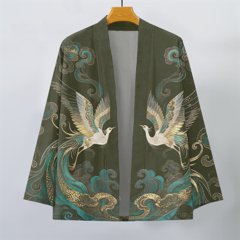 Buddha Stones Kimono aus Baumwolle mit goldenem Kranich- und Wolkenmuster, offener Vorderseite, für Herren - image 1