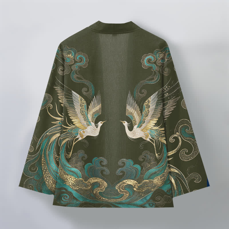 Buddha Stones Kimono aus Baumwolle mit goldenem Kranich- und Wolkenmuster, offener Vorderseite, für Herren - image 2