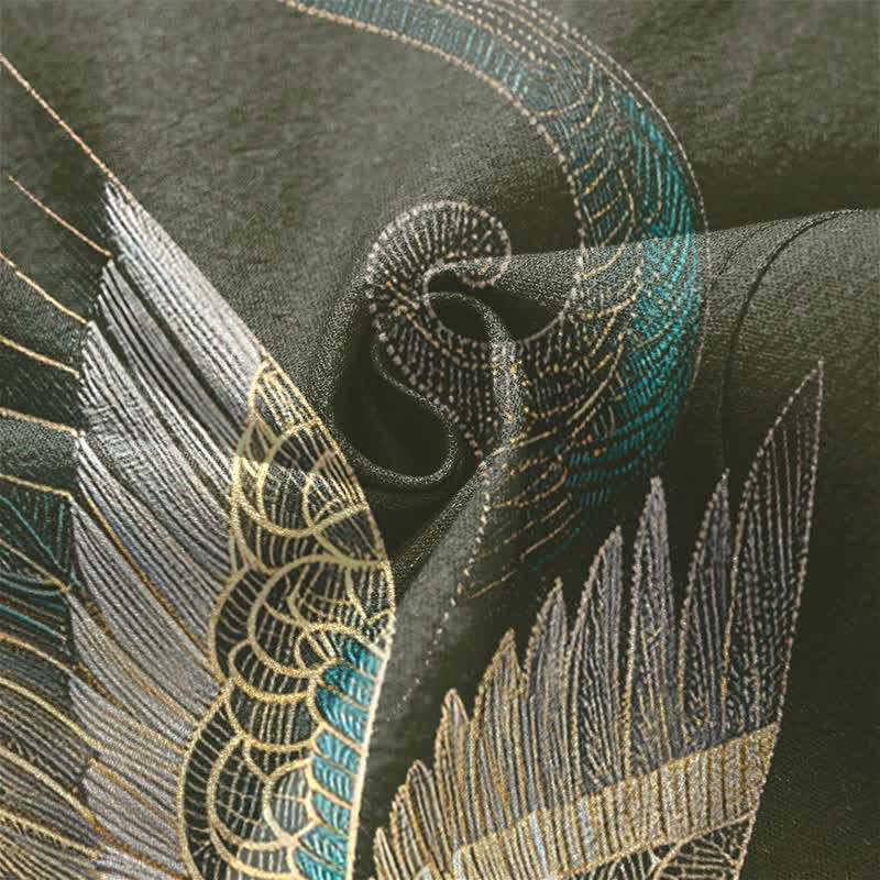Buddha Stones Kimono aus Baumwolle mit goldenem Kranich- und Wolkenmuster, offener Vorderseite, für Herren - image 5