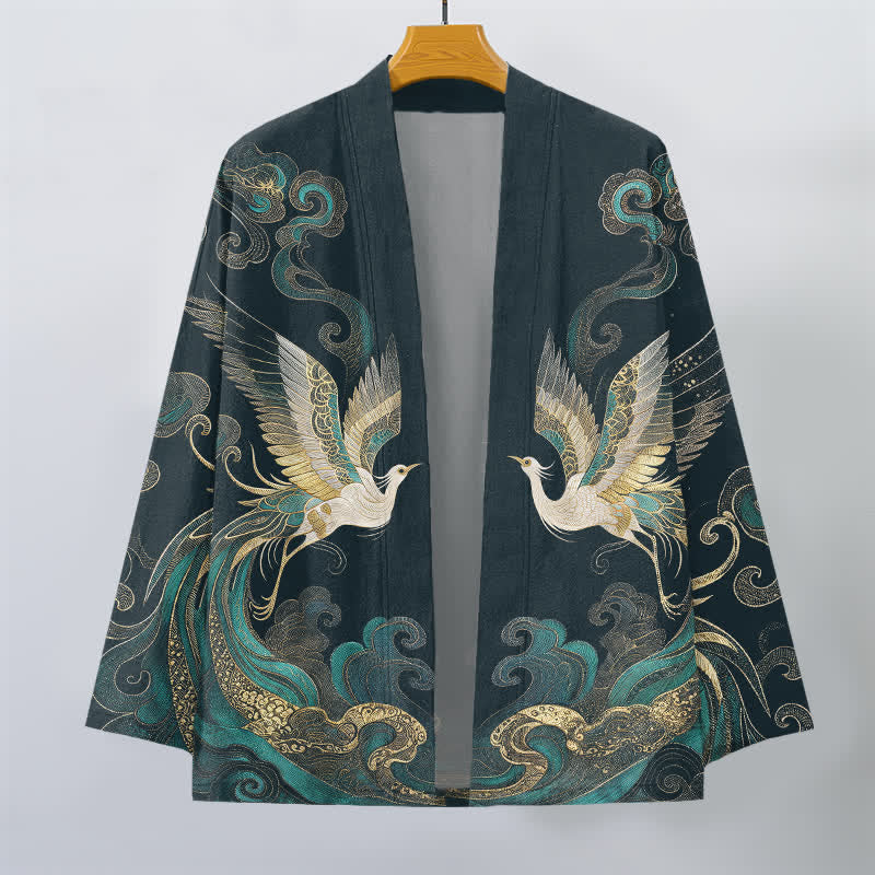 Buddha Stones Kimono aus Baumwolle mit goldenem Kranich- und Wolkenmuster, offener Vorderseite, für Herren - image 7