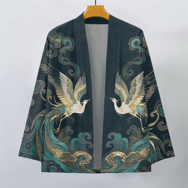Buddha Stones Kimono aus Baumwolle mit goldenem Kranich- und Wolkenmuster, offener Vorderseite, für Herren - image 7