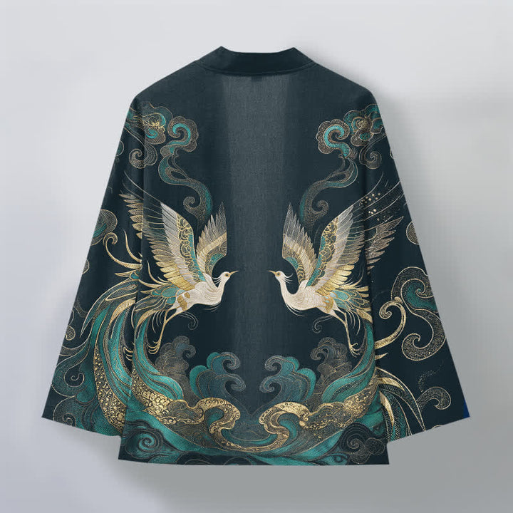 Buddha Stones Kimono aus Baumwolle mit goldenem Kranich- und Wolkenmuster, offener Vorderseite, für Herren - image 8