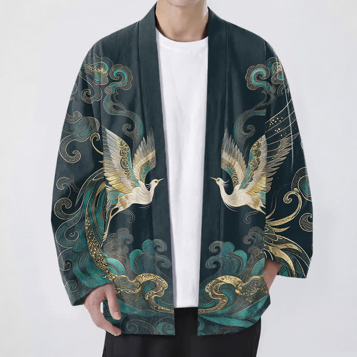 Buddha Stones Kimono aus Baumwolle mit goldenem Kranich- und Wolkenmuster, offener Vorderseite, für Herren - Türkis - US/UK/AU48, EU58 (4XL) - image 6