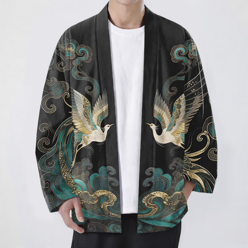Buddha Stones Kimono aus Baumwolle mit goldenem Kranich- und Wolkenmuster, offener Vorderseite, für Herren - Schwarz - US/UK/AU48, EU58 (4XL) - image 9