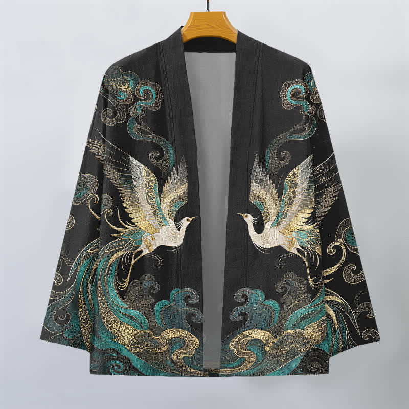 Buddha Stones Kimono aus Baumwolle mit goldenem Kranich- und Wolkenmuster, offener Vorderseite, für Herren - image 10