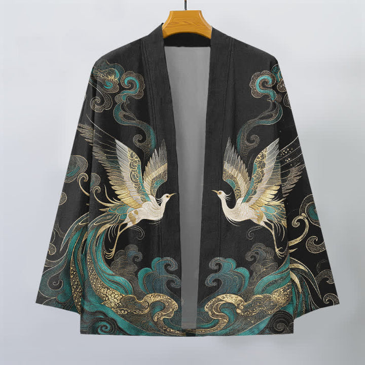 Buddha Stones Kimono aus Baumwolle mit goldenem Kranich- und Wolkenmuster, offener Vorderseite, für Herren - image 10