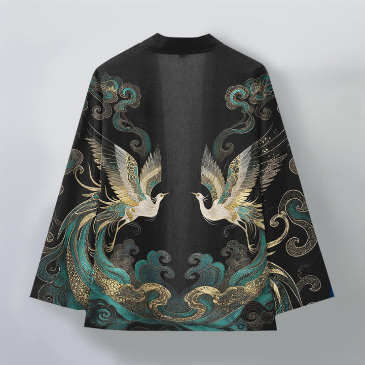 Buddha Stones Kimono aus Baumwolle mit goldenem Kranich- und Wolkenmuster, offener Vorderseite, für Herren - image 11