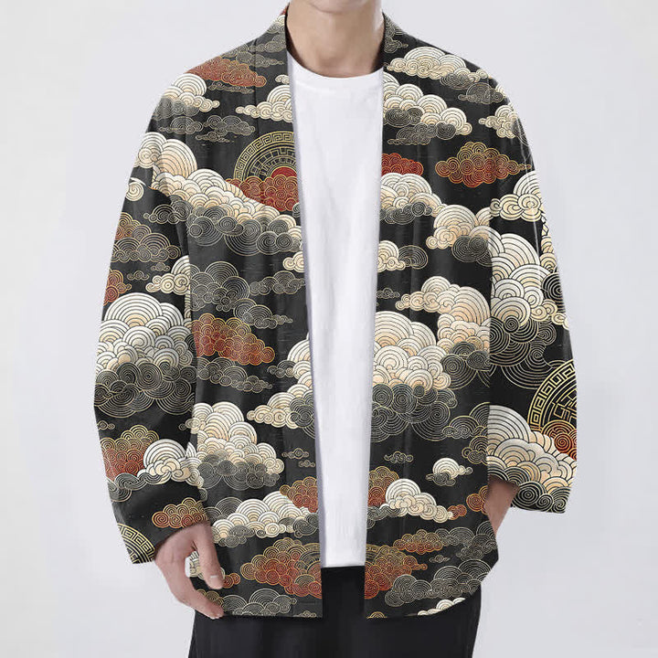 Buddha Stones Kimono für Herren aus Baumwolle mit glückverheißendem Wolkenmuster und offener Vorderseite - Schwarz - US/UK/AU48, EU58 (4XL) - image 0
