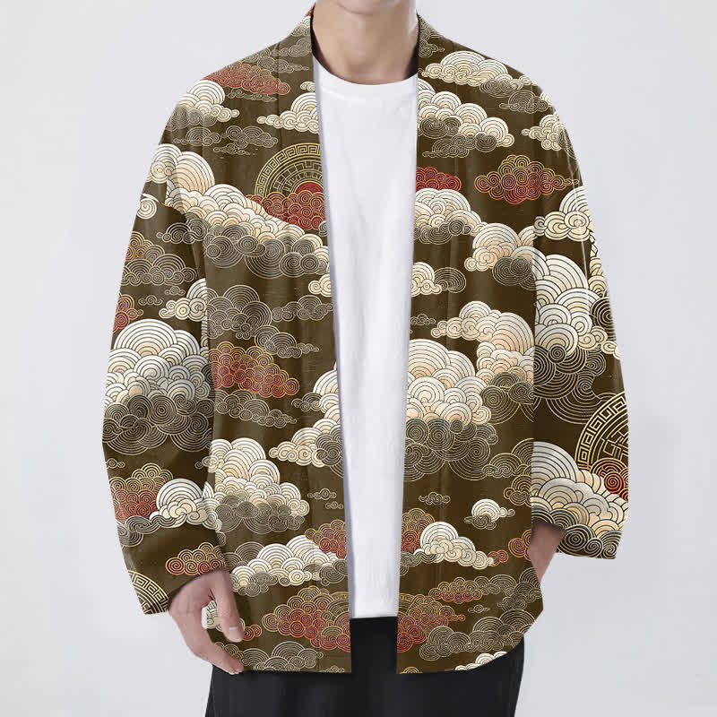 Buddha Stones Kimono für Herren aus Baumwolle mit glückverheißendem Wolkenmuster und offener Vorderseite - Sattelbraun - US/UK/AU48, EU58 (4XL) - image 6