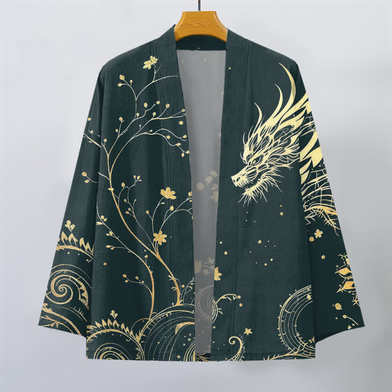 Buddha Stones Kimono für Herren aus Baumwolle mit offenem Vorderteil und floralem Drachenmuster. - image 1
