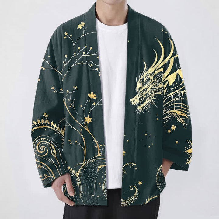 Buddha Stones Kimono für Herren aus Baumwolle mit offenem Vorderteil und floralem Drachenmuster. - Türkis - US/UK/AU48, EU58 (4XL) - image 0