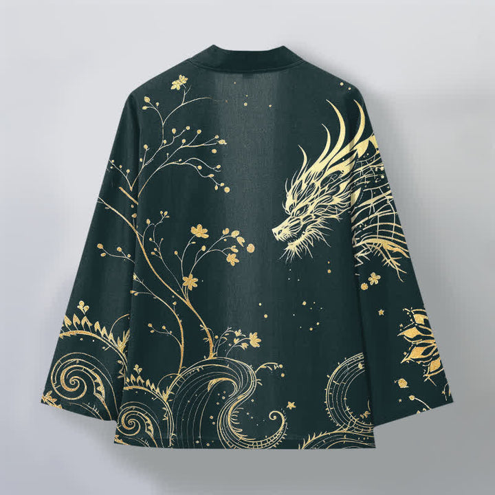 Buddha Stones Kimono für Herren aus Baumwolle mit offenem Vorderteil und floralem Drachenmuster. - image 2