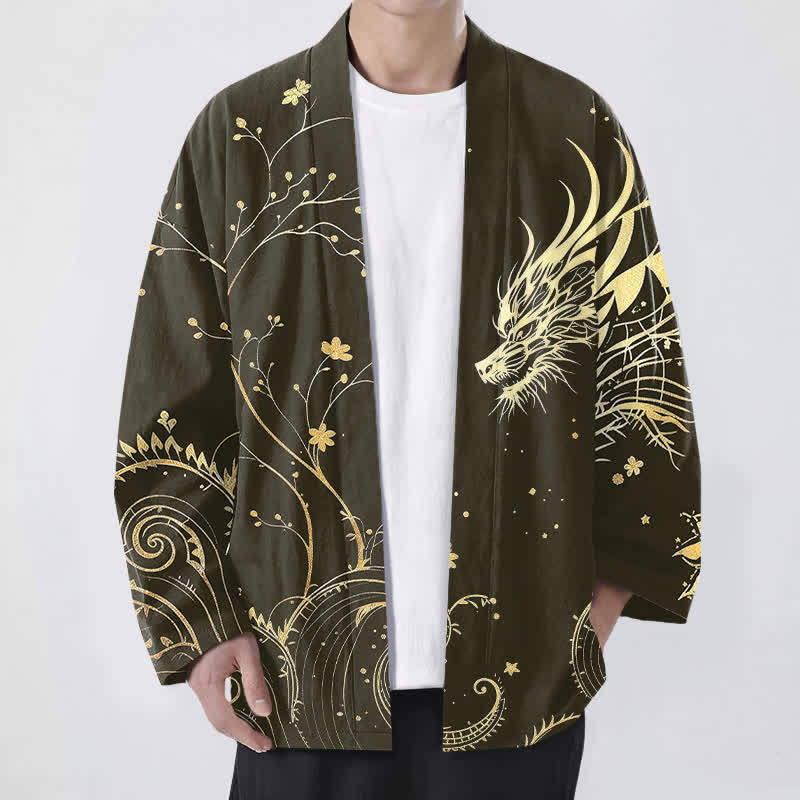 Buddha Stones Kimono für Herren aus Baumwolle mit offenem Vorderteil und floralem Drachenmuster. - Olive - US/UK/AU48, EU58 (4XL) - image 6
