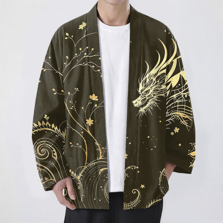 Buddha Stones Kimono für Herren aus Baumwolle mit offenem Vorderteil und floralem Drachenmuster. - Olive - US/UK/AU48, EU58 (4XL) - image 6