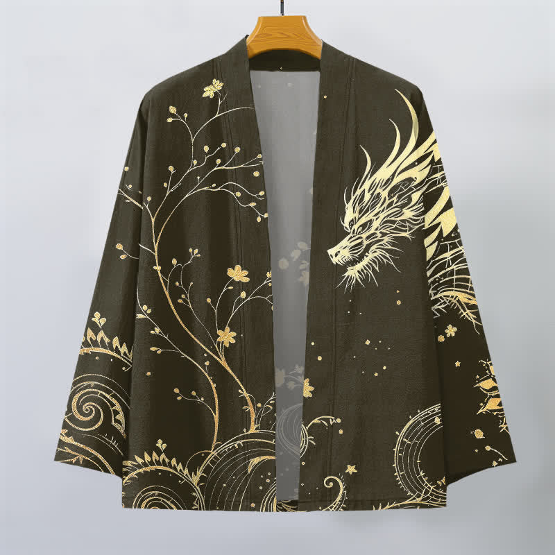 Buddha Stones Kimono für Herren aus Baumwolle mit offenem Vorderteil und floralem Drachenmuster. - image 7