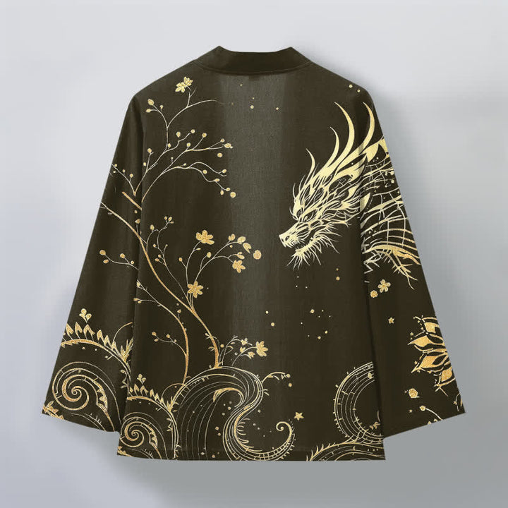 Buddha Stones Kimono für Herren aus Baumwolle mit offenem Vorderteil und floralem Drachenmuster. - image 8
