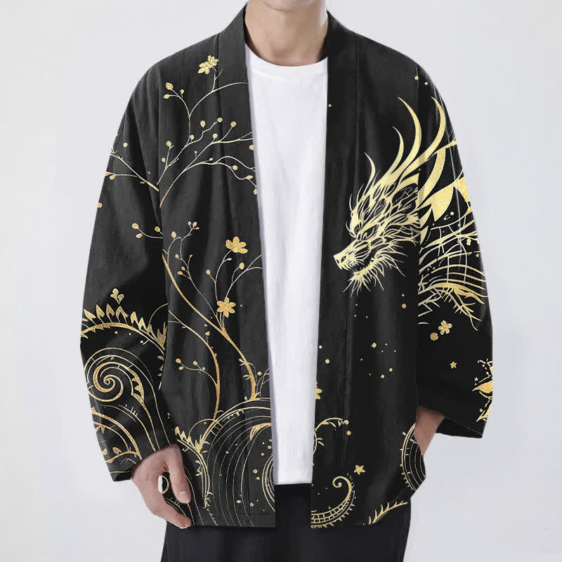 Buddha Stones Kimono für Herren aus Baumwolle mit offenem Vorderteil und floralem Drachenmuster. - Schwarz - US/UK/AU48, EU58 (4XL) - image 9