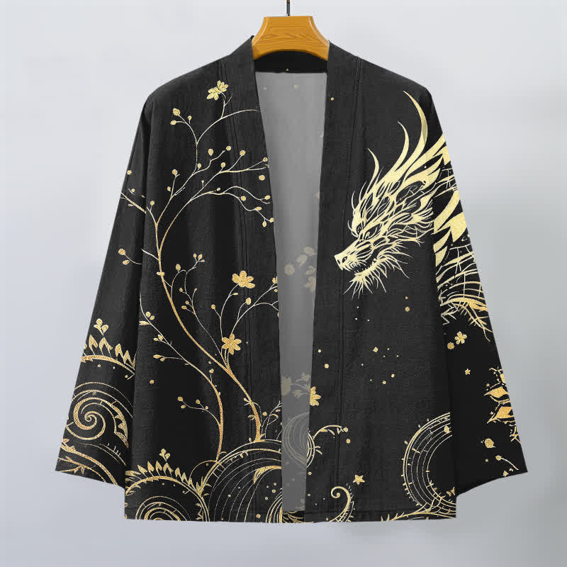 Buddha Stones Kimono für Herren aus Baumwolle mit offenem Vorderteil und floralem Drachenmuster. - image 10