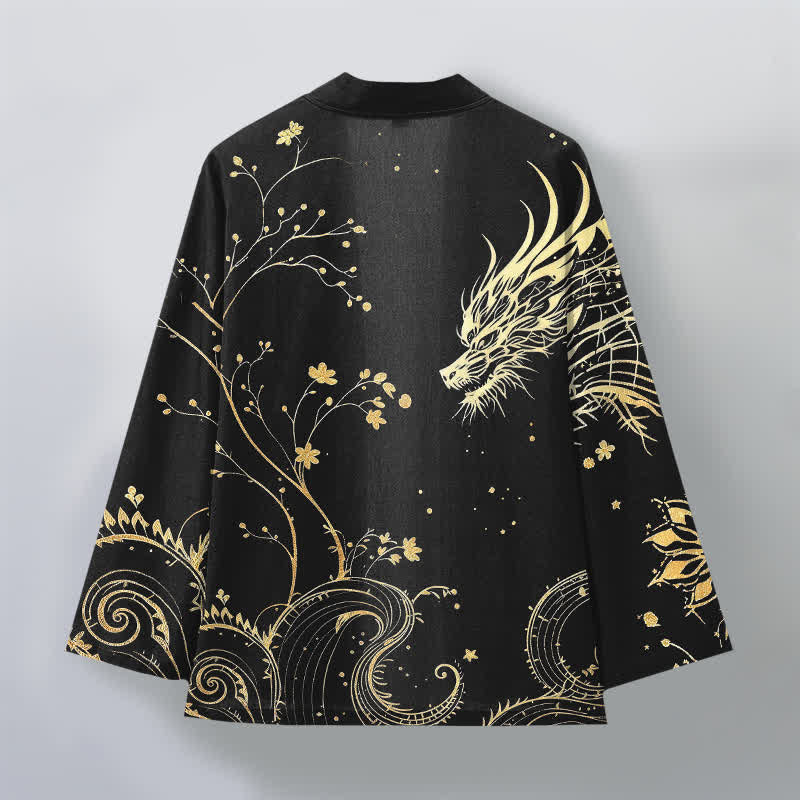 Buddha Stones Kimono für Herren aus Baumwolle mit offenem Vorderteil und floralem Drachenmuster. - image 11