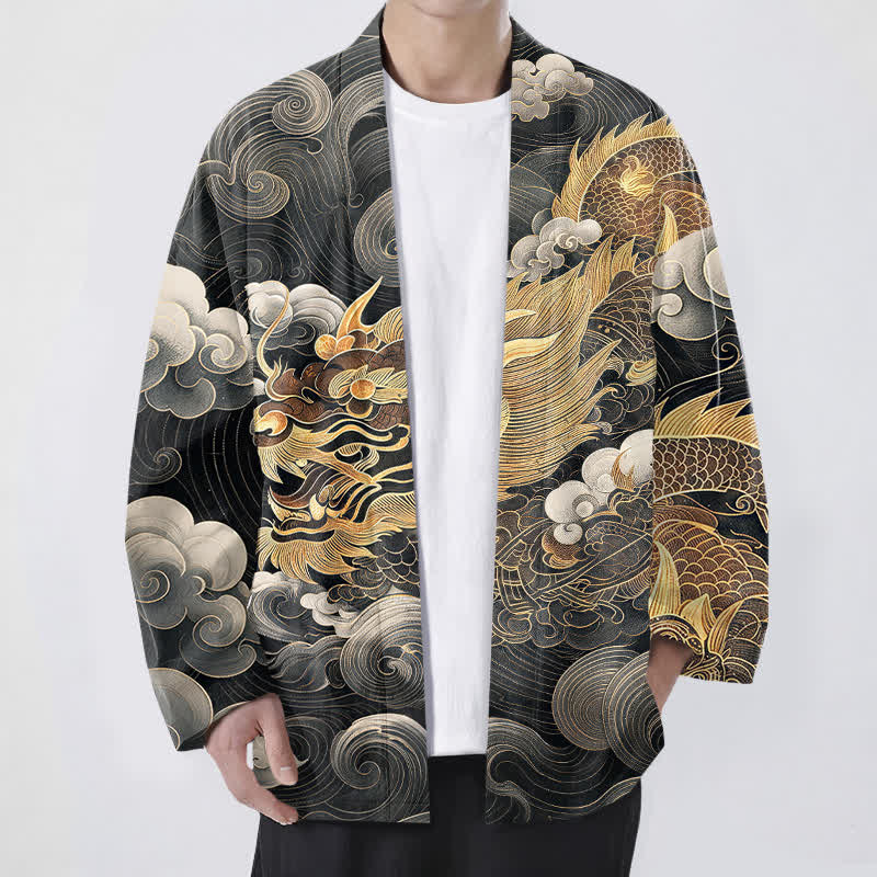 Buddha Stones Kimono aus Baumwolle mit Drachen-, Wolken- und Meeresmuster, offener Vorderseite, für Herren - Schwarz - US/UK/AU48, EU58 (4XL) - image 0