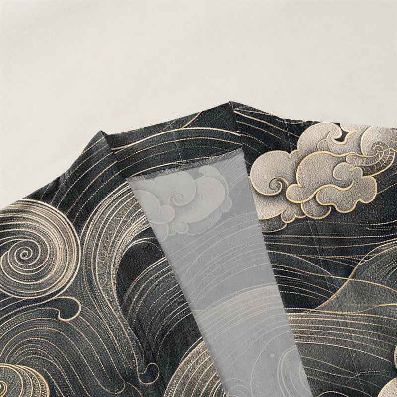 Buddha Stones Kimono aus Baumwolle mit Drachen-, Wolken- und Meeresmuster, offener Vorderseite, für Herren - image 3