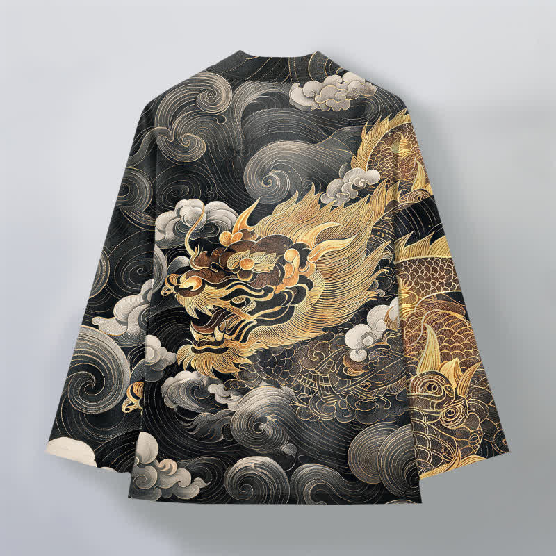 Buddha Stones Kimono aus Baumwolle mit Drachen-, Wolken- und Meeresmuster, offener Vorderseite, für Herren - image 2